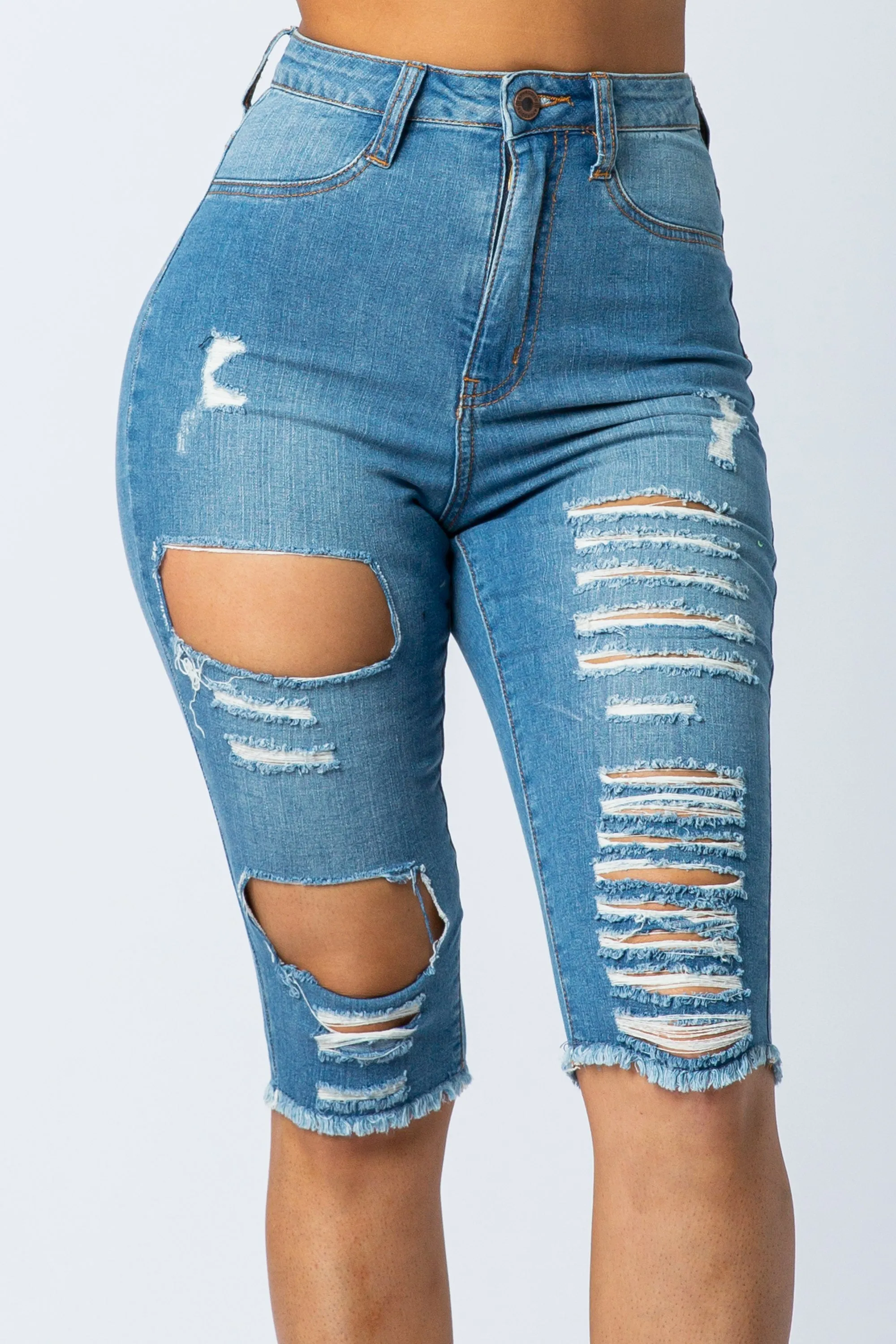 4255B Super High Waisted Distressed Bermuda Shorts