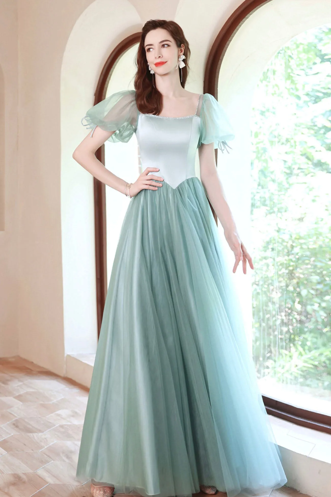 A-Line Satin Tulle Long Prom Dress, Green Short Sleeve Evening Party Dress