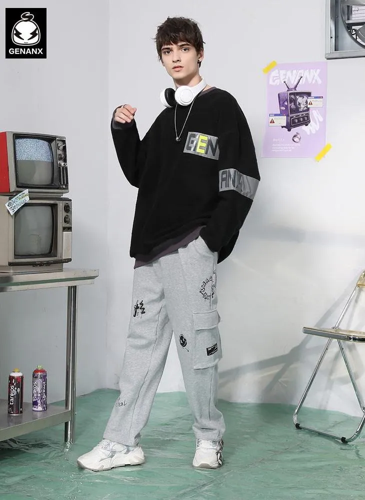 Adjustable Waist Graffiti Print Pants With 3D Pocket