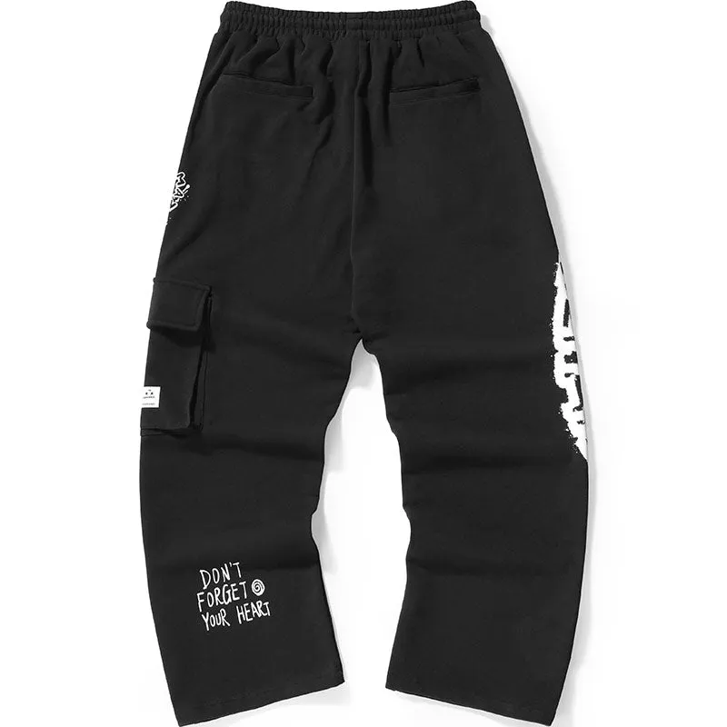 Adjustable Waist Graffiti Print Pants With 3D Pocket