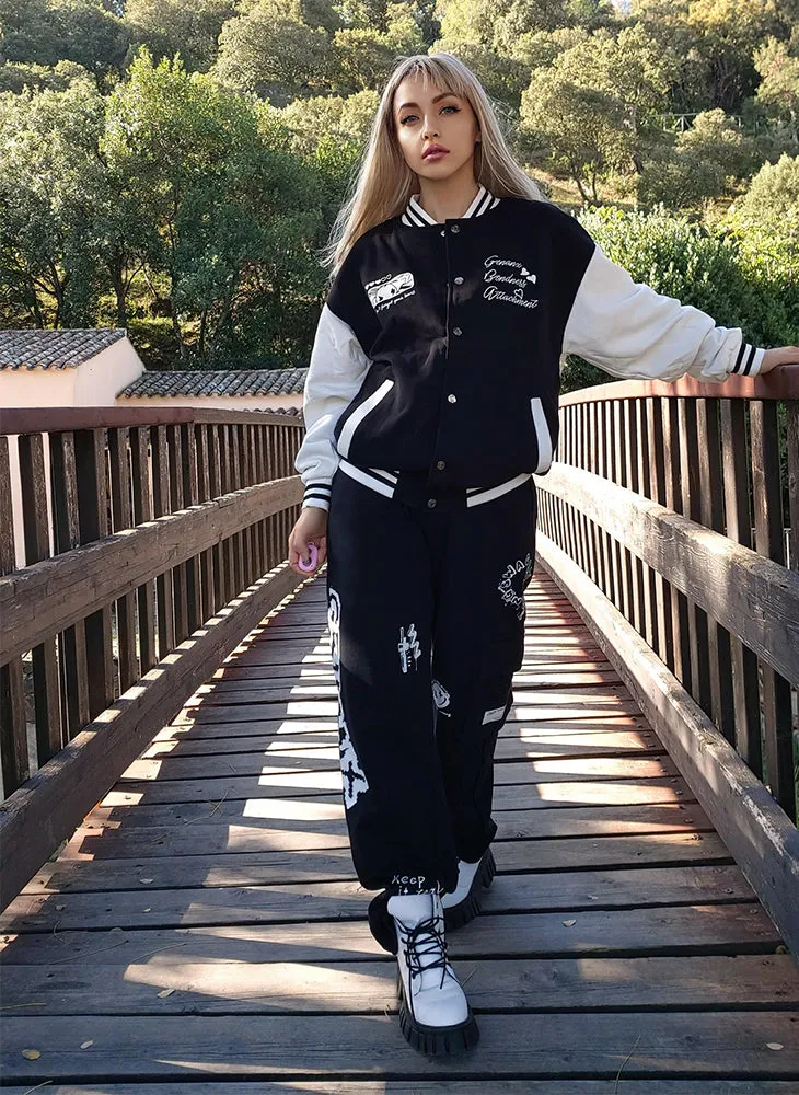 Adjustable Waist Graffiti Print Pants With 3D Pocket