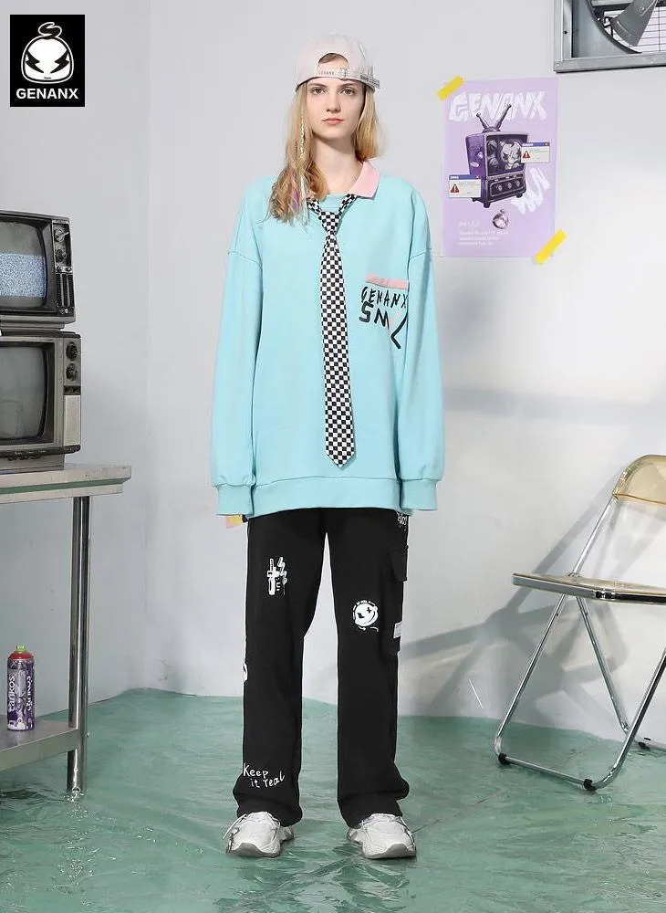 Adjustable Waist Graffiti Print Pants With 3D Pocket
