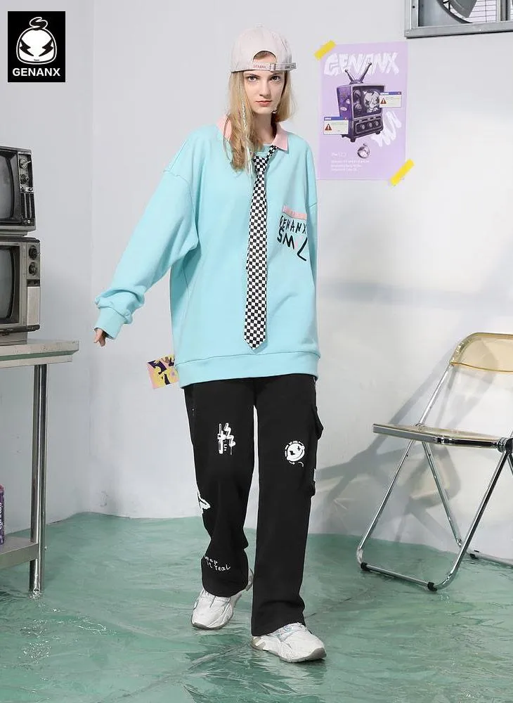 Adjustable Waist Graffiti Print Pants With 3D Pocket