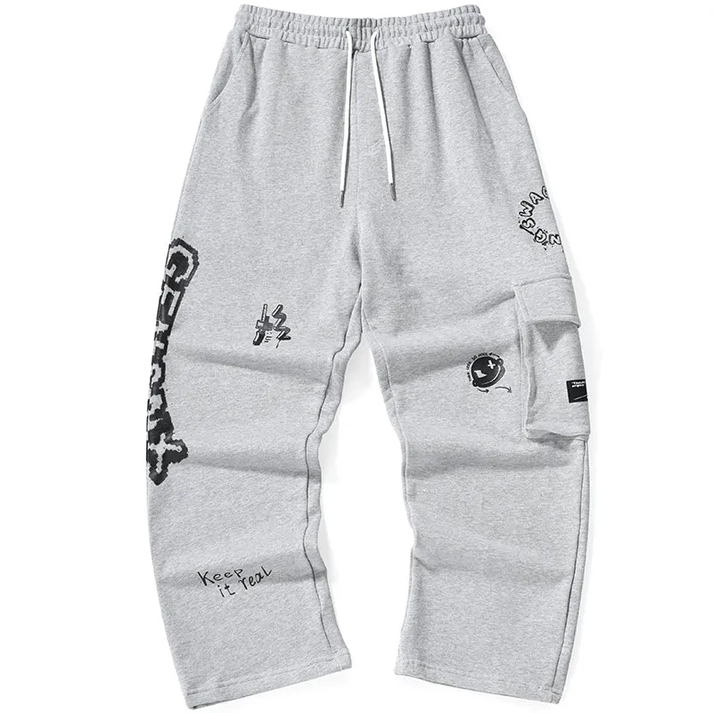 Adjustable Waist Graffiti Print Pants With 3D Pocket