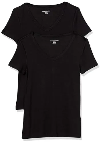 Amazon Essentials Women's Slim-Fit Short-Sleeve V-Neck T-Shirt, Pack of 2, White/Light Camel, XX-Large