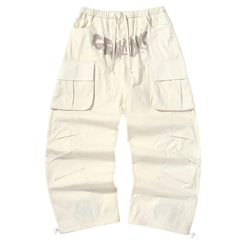 American tide mountain style letter print multi-pocket small pleats loose straight leg drawstring pants waist paratrooper casual pants