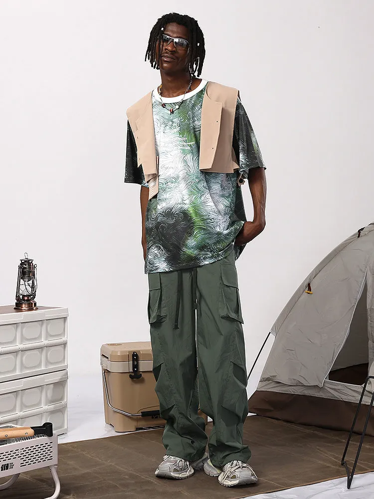 American tide mountain style letter print multi-pocket small pleats loose straight leg drawstring pants waist paratrooper casual pants