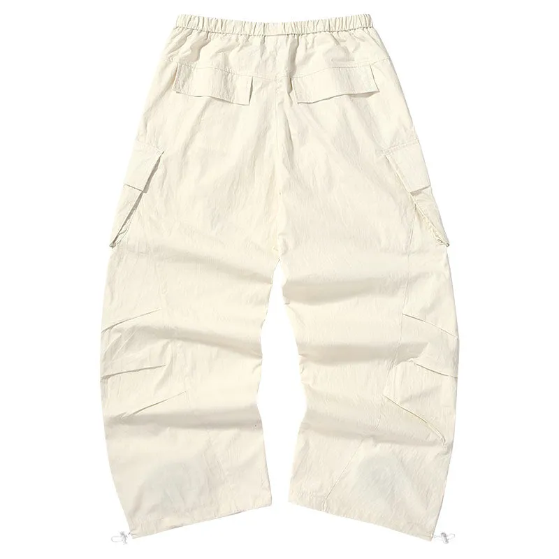 American tide mountain style letter print multi-pocket small pleats loose straight leg drawstring pants waist paratrooper casual pants