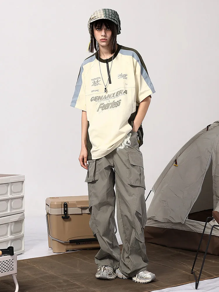 American tide mountain style letter print multi-pocket small pleats loose straight leg drawstring pants waist paratrooper casual pants