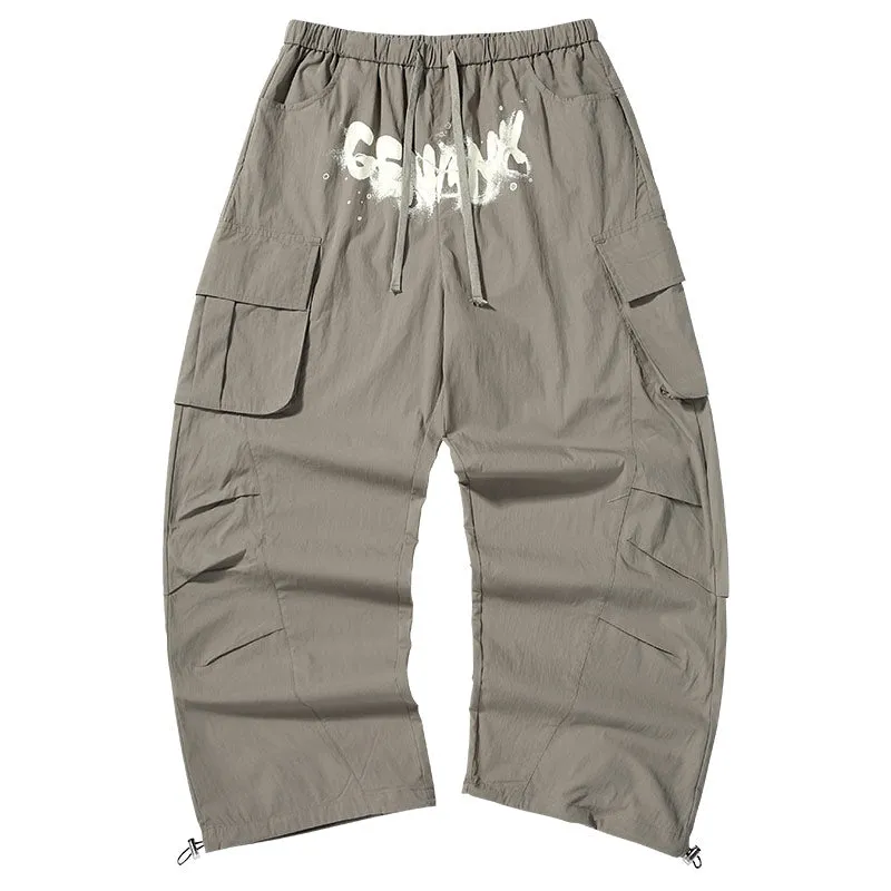 American tide mountain style letter print multi-pocket small pleats loose straight leg drawstring pants waist paratrooper casual pants