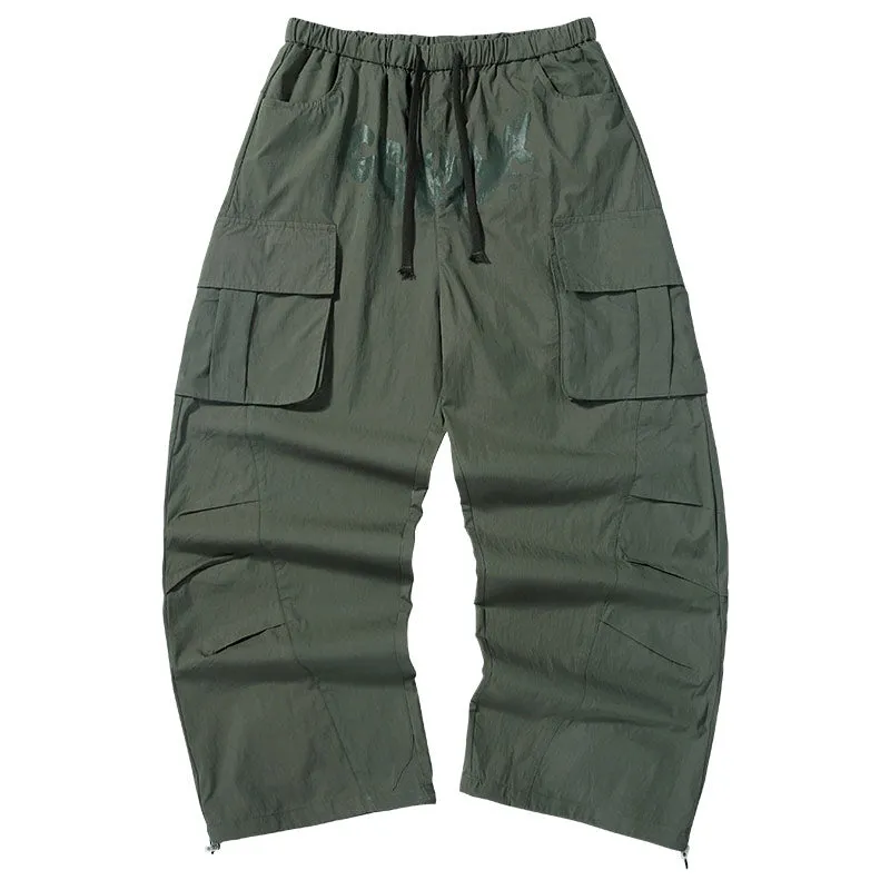 American tide mountain style letter print multi-pocket small pleats loose straight leg drawstring pants waist paratrooper casual pants