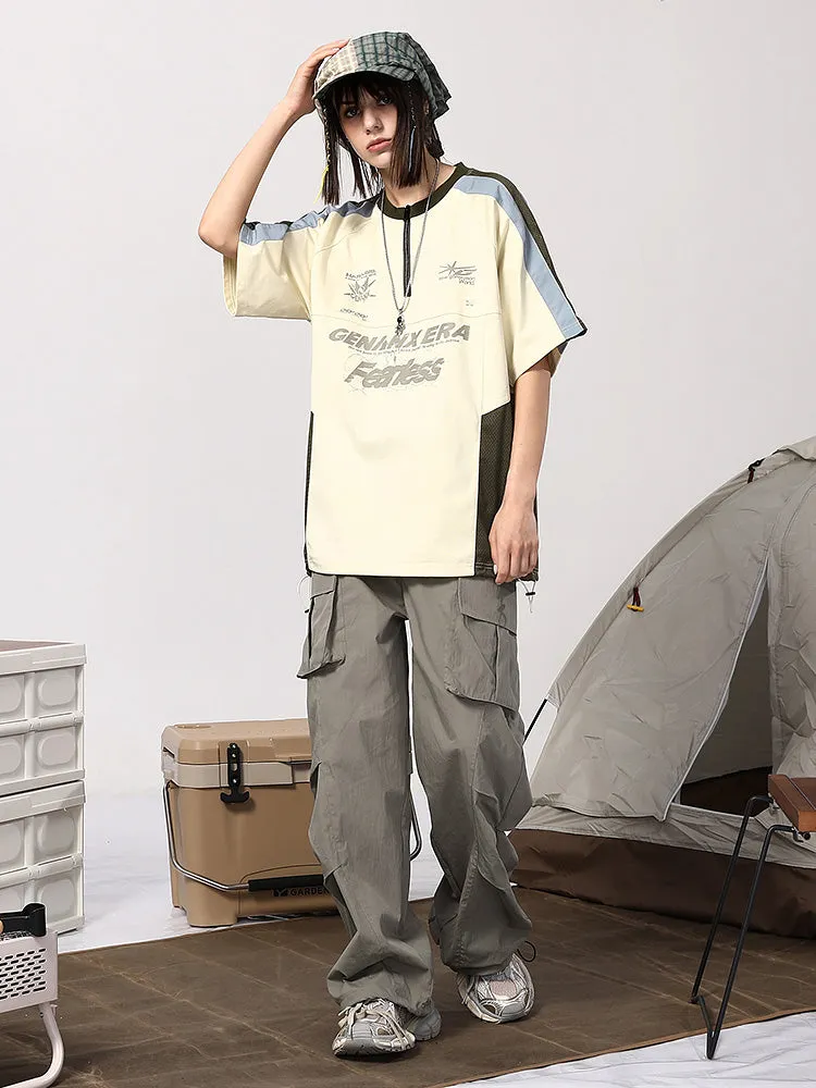 American tide mountain style letter print multi-pocket small pleats loose straight leg drawstring pants waist paratrooper casual pants