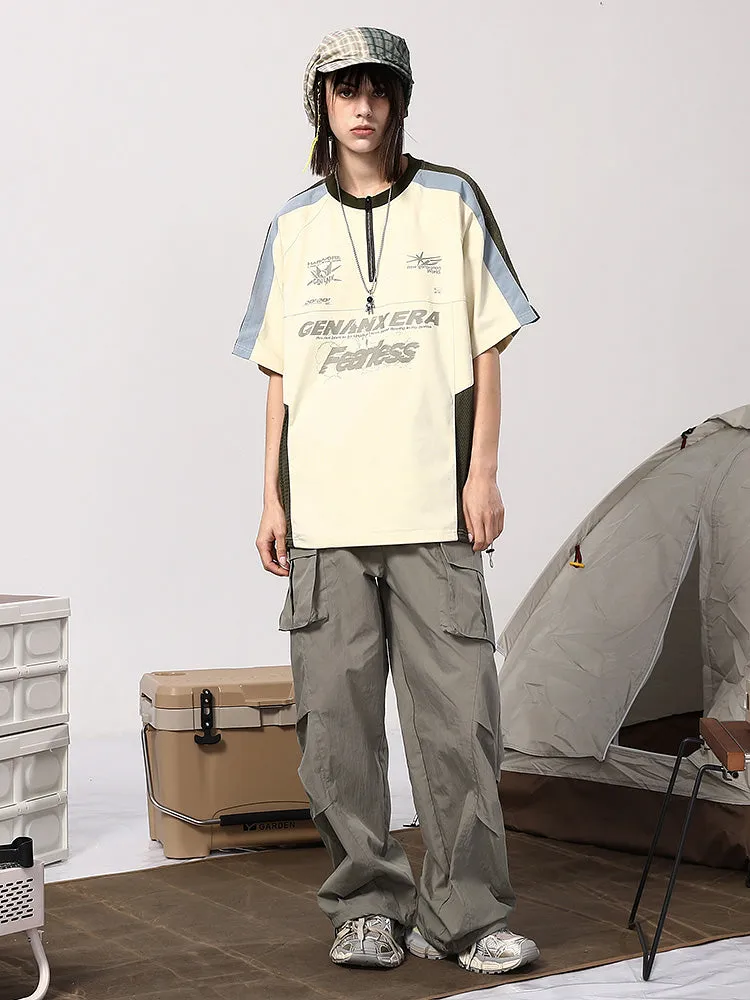 American tide mountain style letter print multi-pocket small pleats loose straight leg drawstring pants waist paratrooper casual pants
