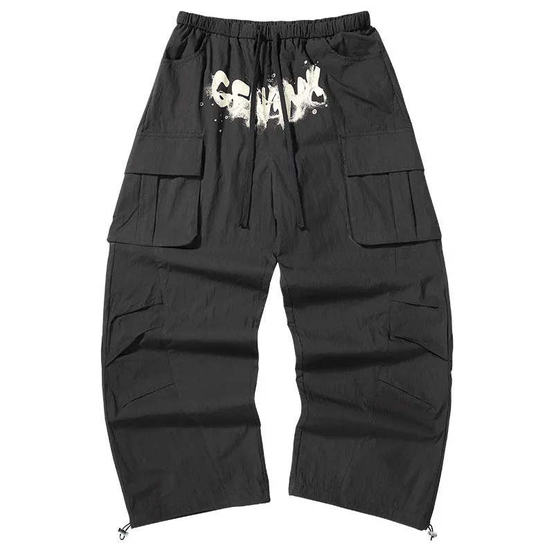 American tide mountain style letter print multi-pocket small pleats loose straight leg drawstring pants waist paratrooper casual pants