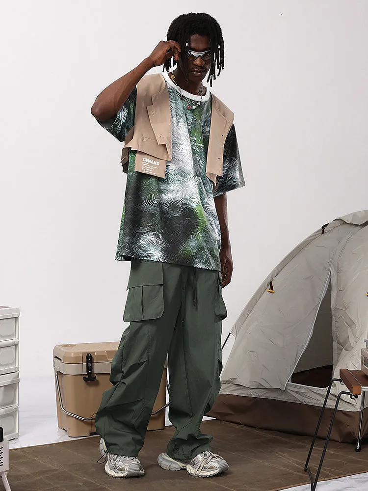 American tide mountain style letter print multi-pocket small pleats loose straight leg drawstring pants waist paratrooper casual pants