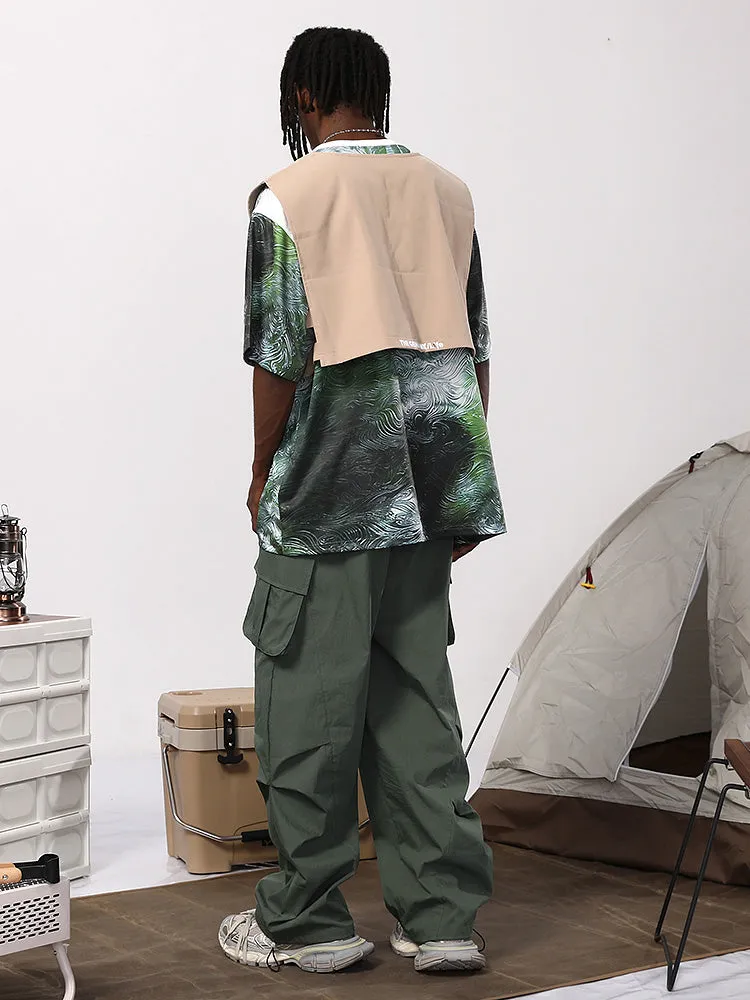 American tide mountain style letter print multi-pocket small pleats loose straight leg drawstring pants waist paratrooper casual pants