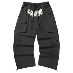 American tide mountain style letter print multi-pocket small pleats loose straight leg drawstring pants waist paratrooper casual pants