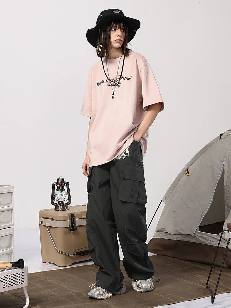 American tide mountain style letter print multi-pocket small pleats loose straight leg drawstring pants waist paratrooper casual pants