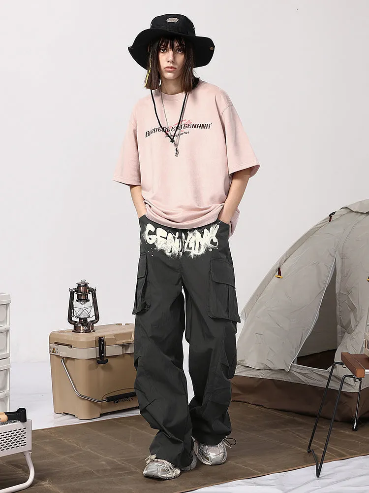 American tide mountain style letter print multi-pocket small pleats loose straight leg drawstring pants waist paratrooper casual pants