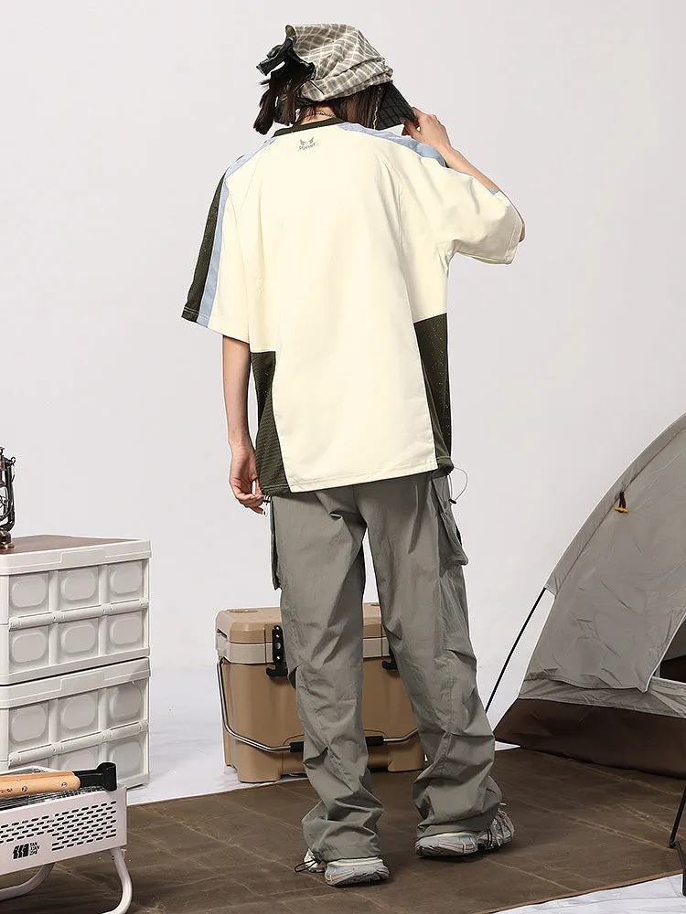 American tide mountain style letter print multi-pocket small pleats loose straight leg drawstring pants waist paratrooper casual pants