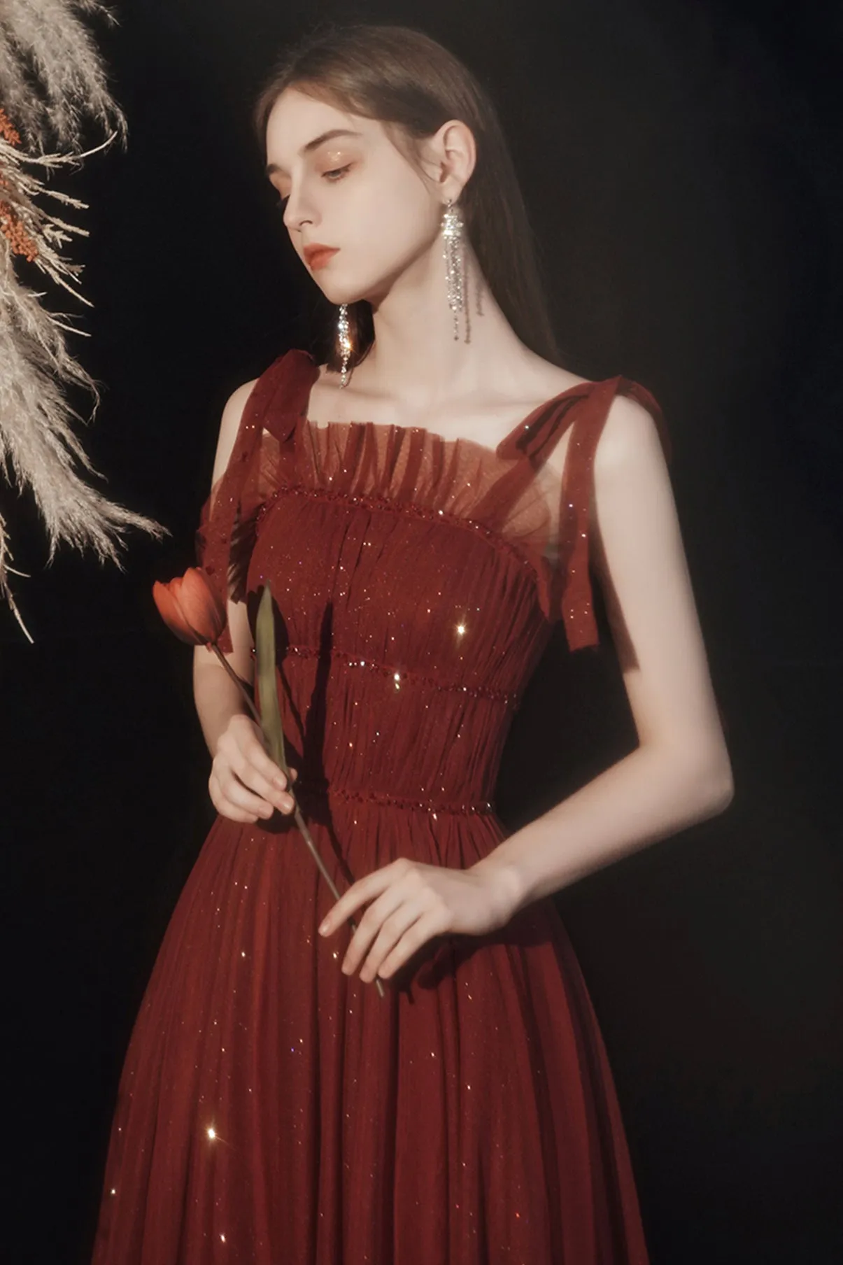Beautiful Tulle Floor Length Prom Dress, Burgundy Tulle Evening Dress