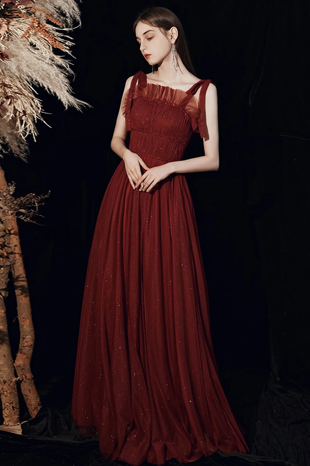 Beautiful Tulle Floor Length Prom Dress, Burgundy Tulle Evening Dress