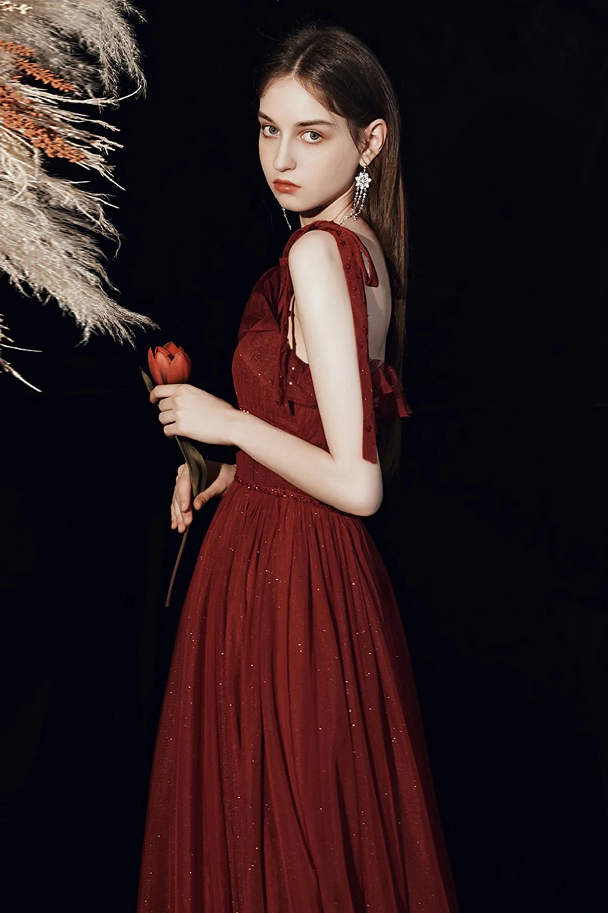 Beautiful Tulle Floor Length Prom Dress, Burgundy Tulle Evening Dress