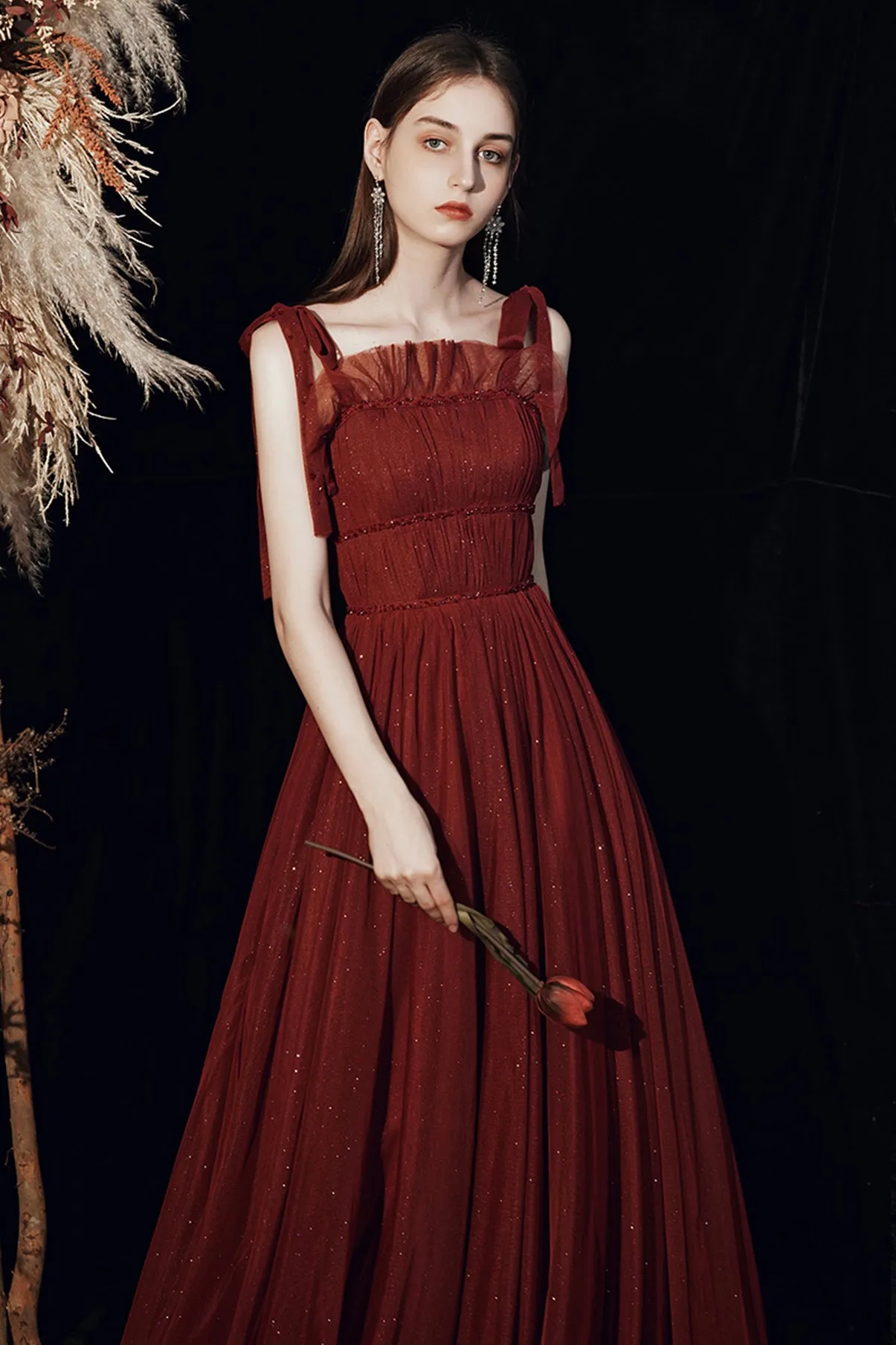 Beautiful Tulle Floor Length Prom Dress, Burgundy Tulle Evening Dress