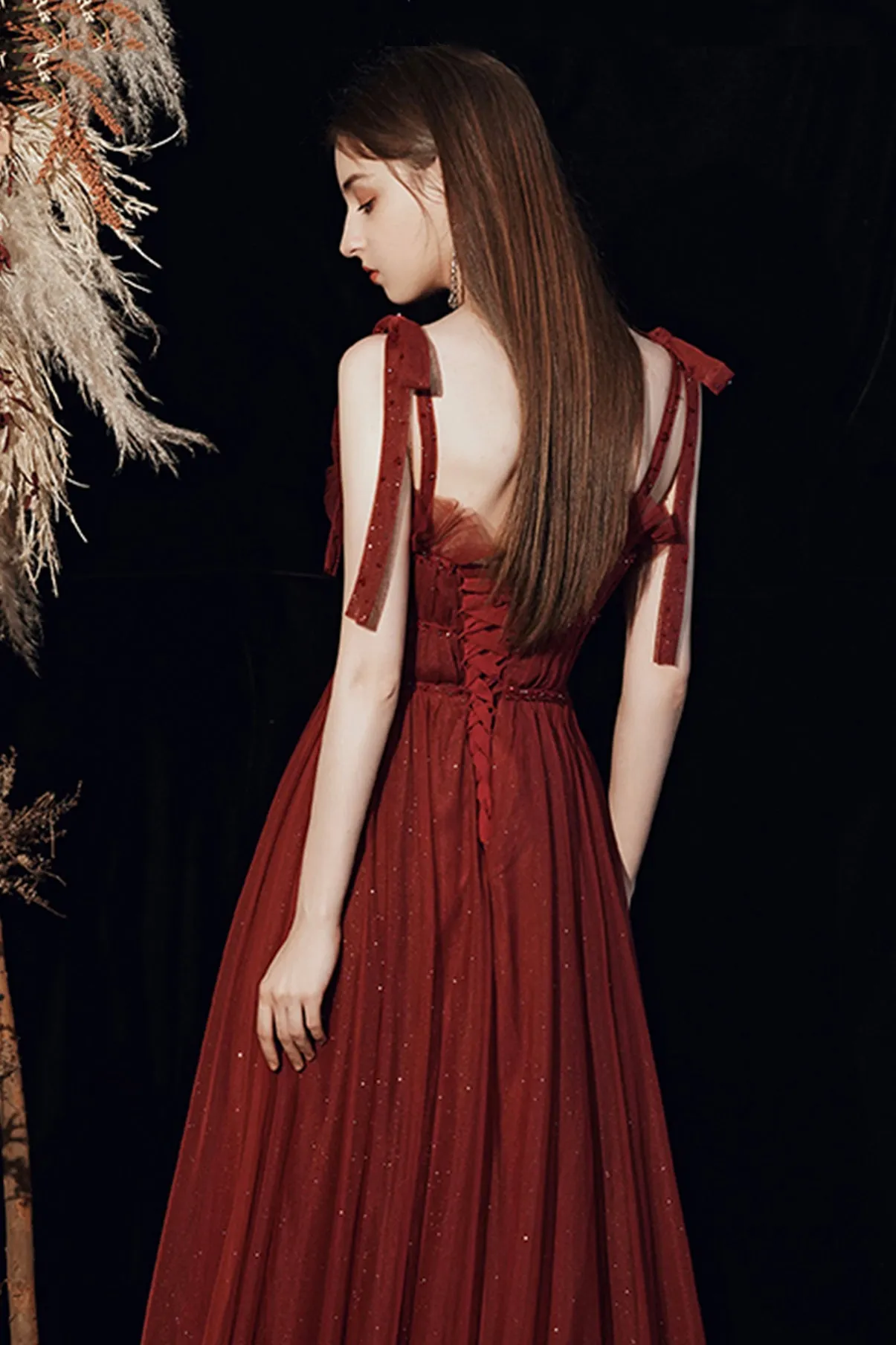 Beautiful Tulle Floor Length Prom Dress, Burgundy Tulle Evening Dress