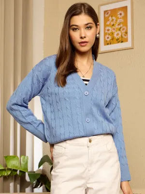 Berrylush Women Blue Solid V-Neck Full Sleeve Front Open Regular Cardigan