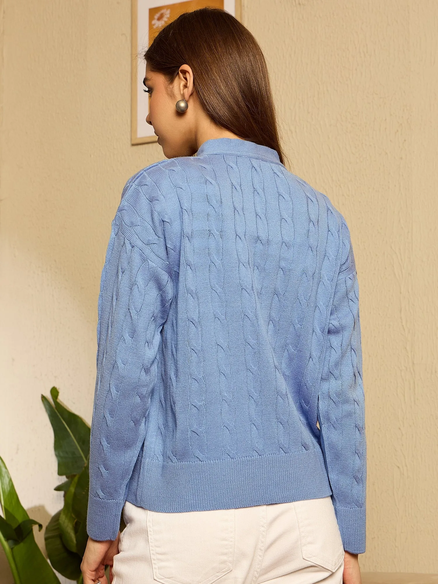 Berrylush Women Blue Solid V-Neck Full Sleeve Front Open Regular Cardigan
