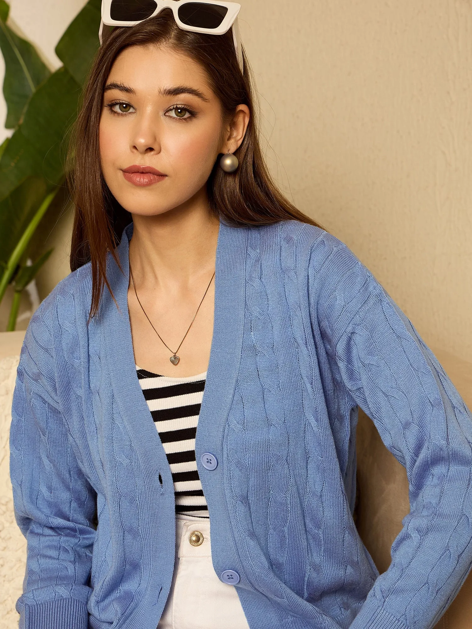 Berrylush Women Blue Solid V-Neck Full Sleeve Front Open Regular Cardigan