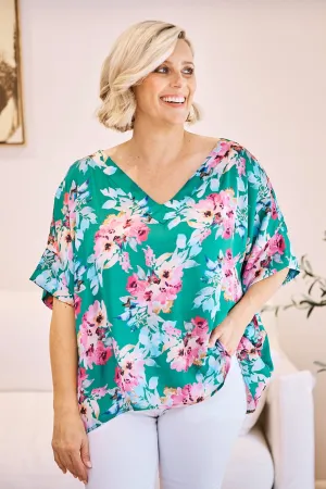 Bianca Short Sleeve Top Bella Print with V Neck Emerald