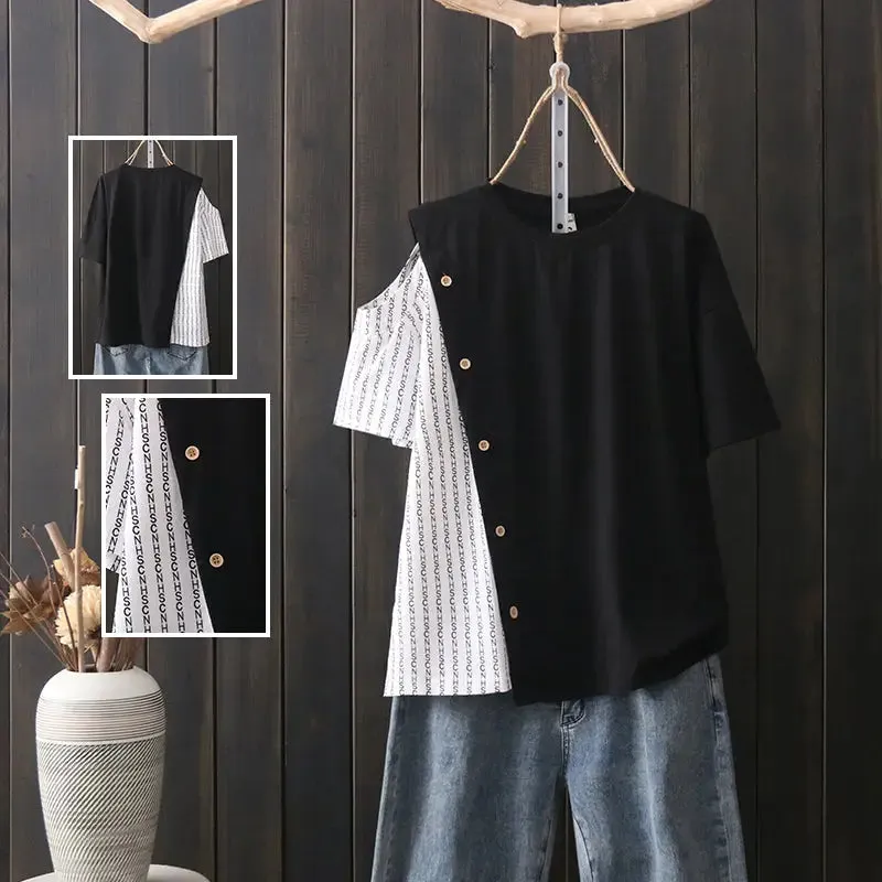 Black and White Short Sleeve Loose Blouse