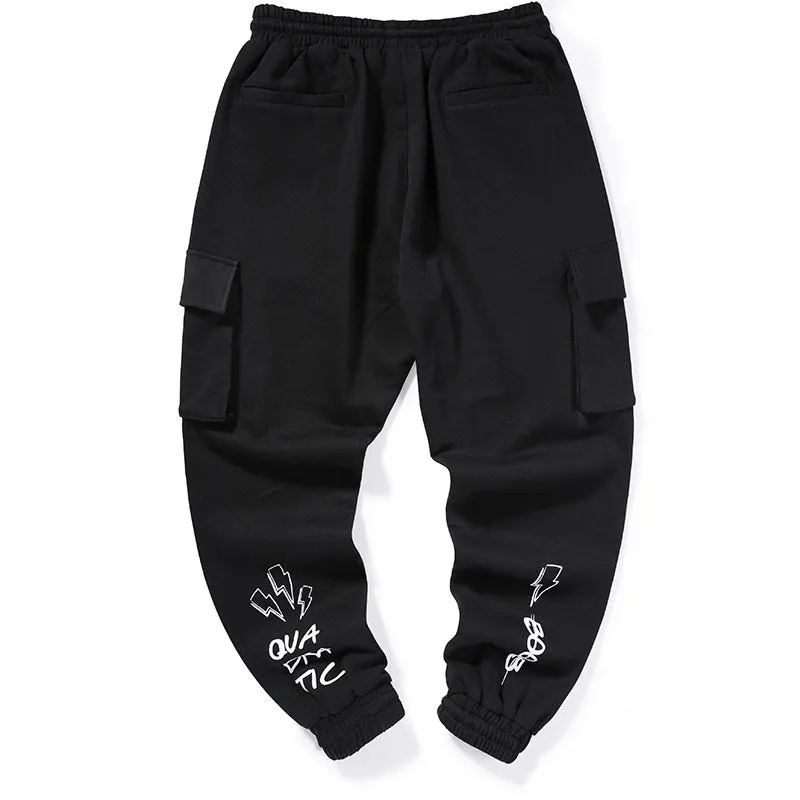Black Print Pocket Drawstring Jogger Pants