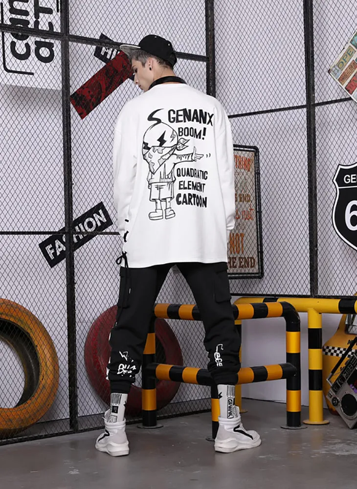 Black Print Pocket Drawstring Jogger Pants