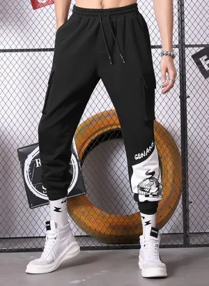 Black Print Pocket Drawstring Jogger Pants