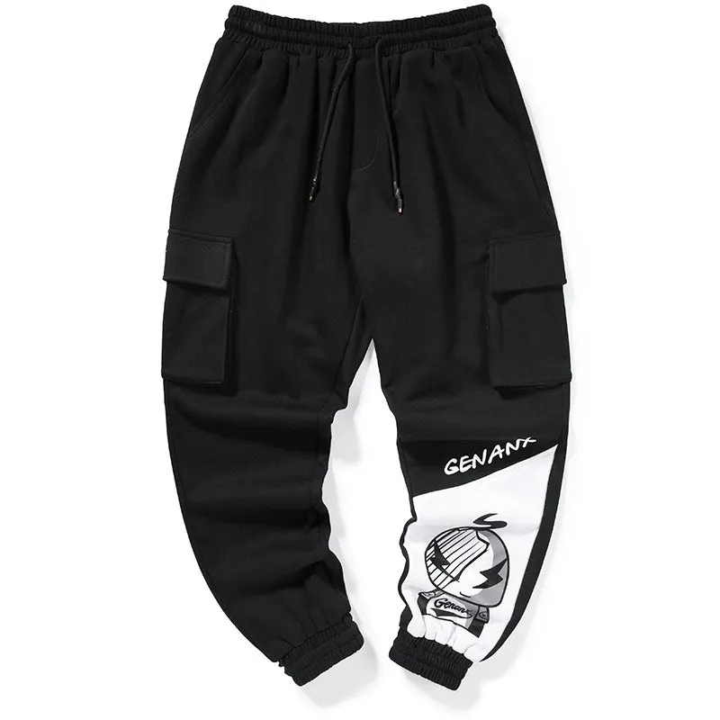 Black Print Pocket Drawstring Jogger Pants