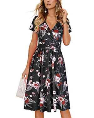 Black Red Floral Summer Short Sleeve V-Neck Floral Casual Ladies Dress with Pockets - OUGES