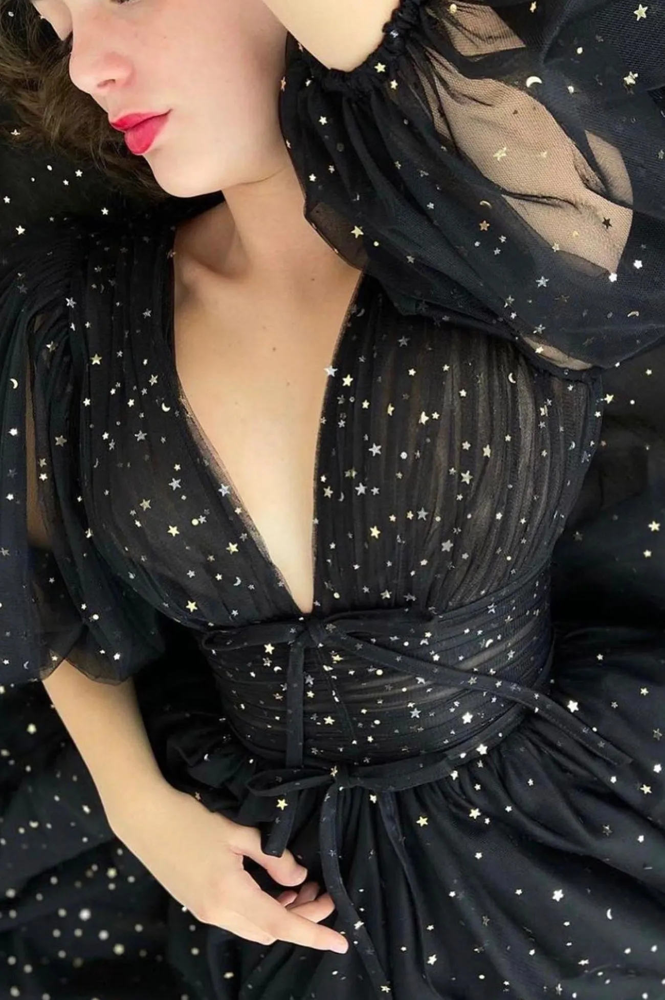 Black Tulle Long A-line Prom Dress, Black V-Neck Evening Dress