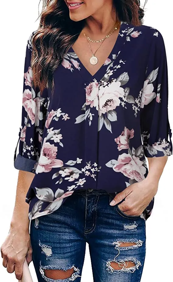 Black Womens 3/4 Cuffed Sleeve Chiffon Printed V Neck Casual Blouse Shirt Tops - Youtalia