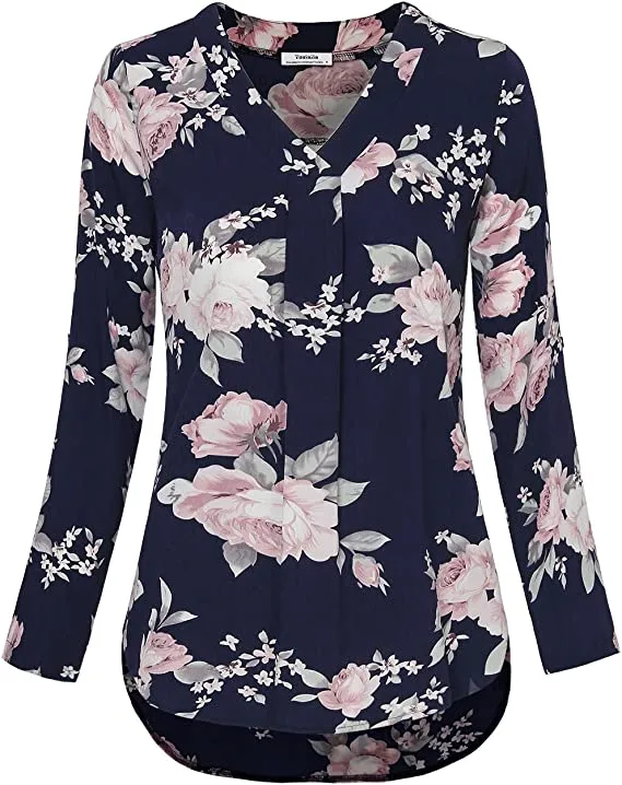 Black Womens 3/4 Cuffed Sleeve Chiffon Printed V Neck Casual Blouse Shirt Tops - Youtalia