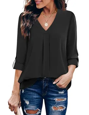 Black Womens 3/4 Cuffed Sleeve Chiffon Printed V Neck Casual Blouse Shirt Tops - Youtalia