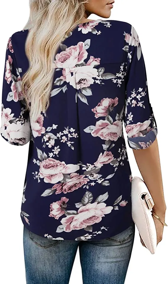 Black Womens 3/4 Cuffed Sleeve Chiffon Printed V Neck Casual Blouse Shirt Tops - Youtalia