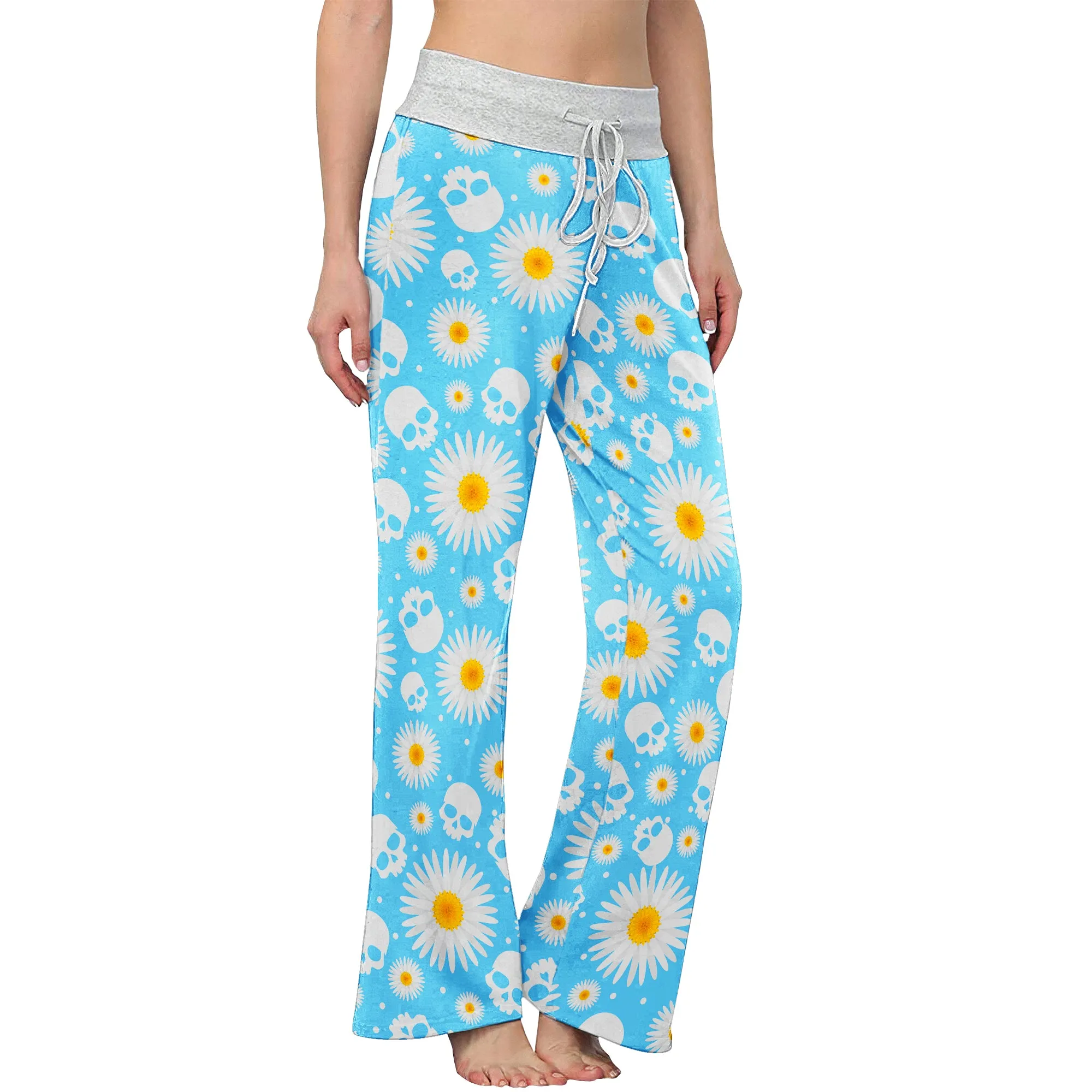 Blue Daisy Skull Women's High-waisted Wide Leg Pants