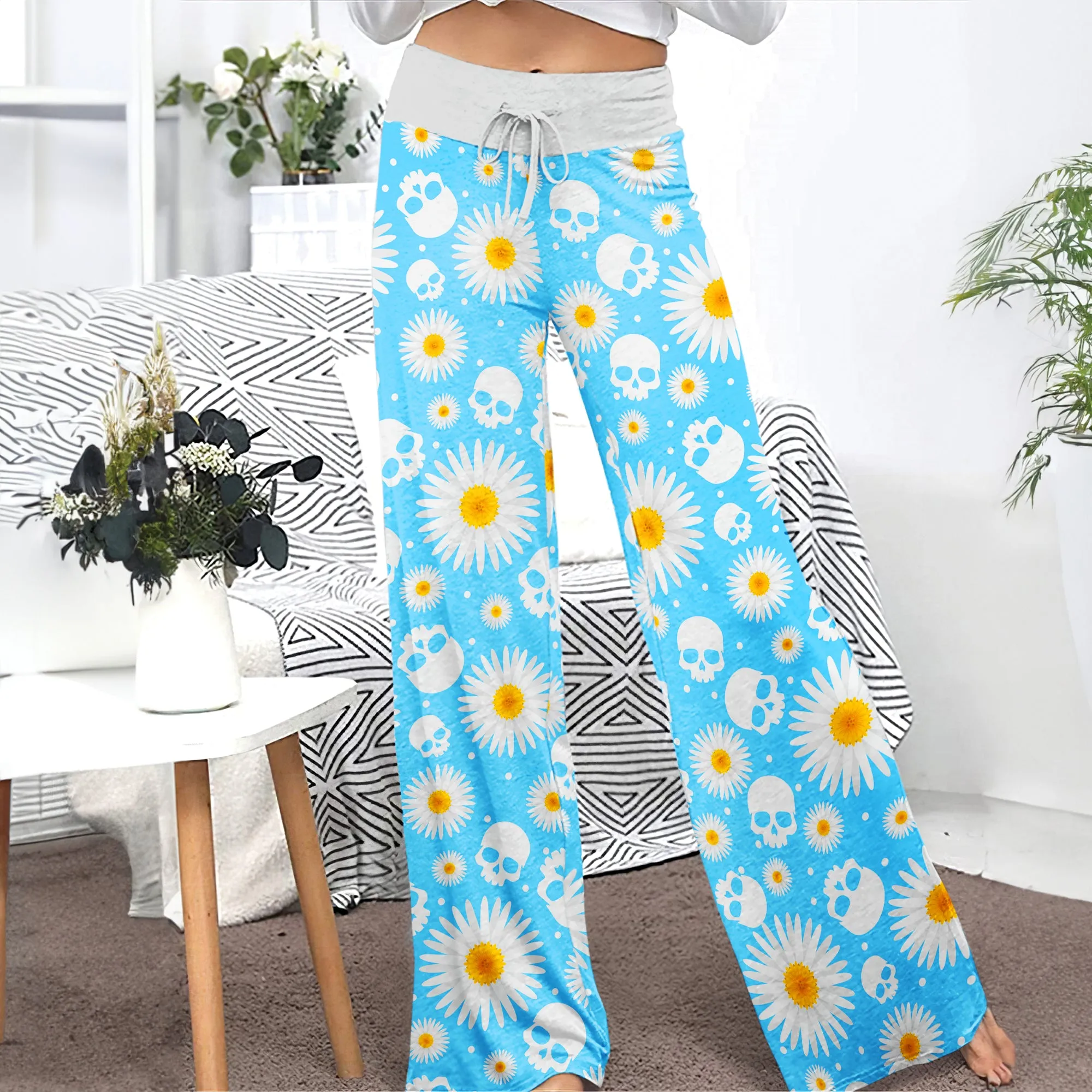 Blue Daisy Skull Women's High-waisted Wide Leg Pants