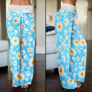 Blue Daisy Skull Women's High-waisted Wide Leg Pants