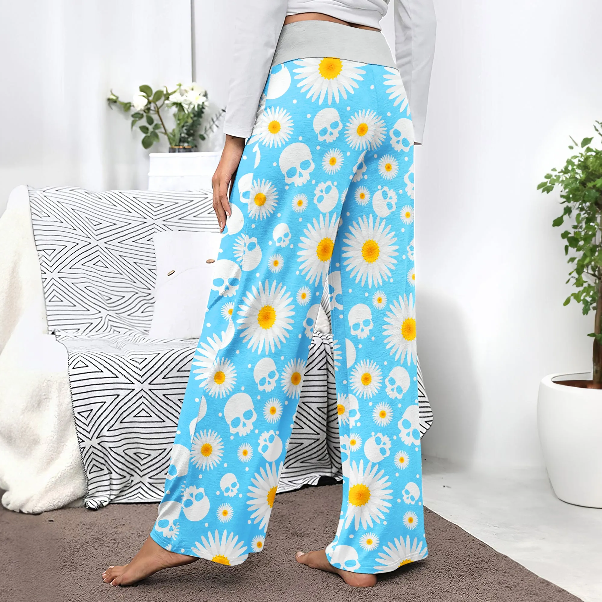 Blue Daisy Skull Women's High-waisted Wide Leg Pants