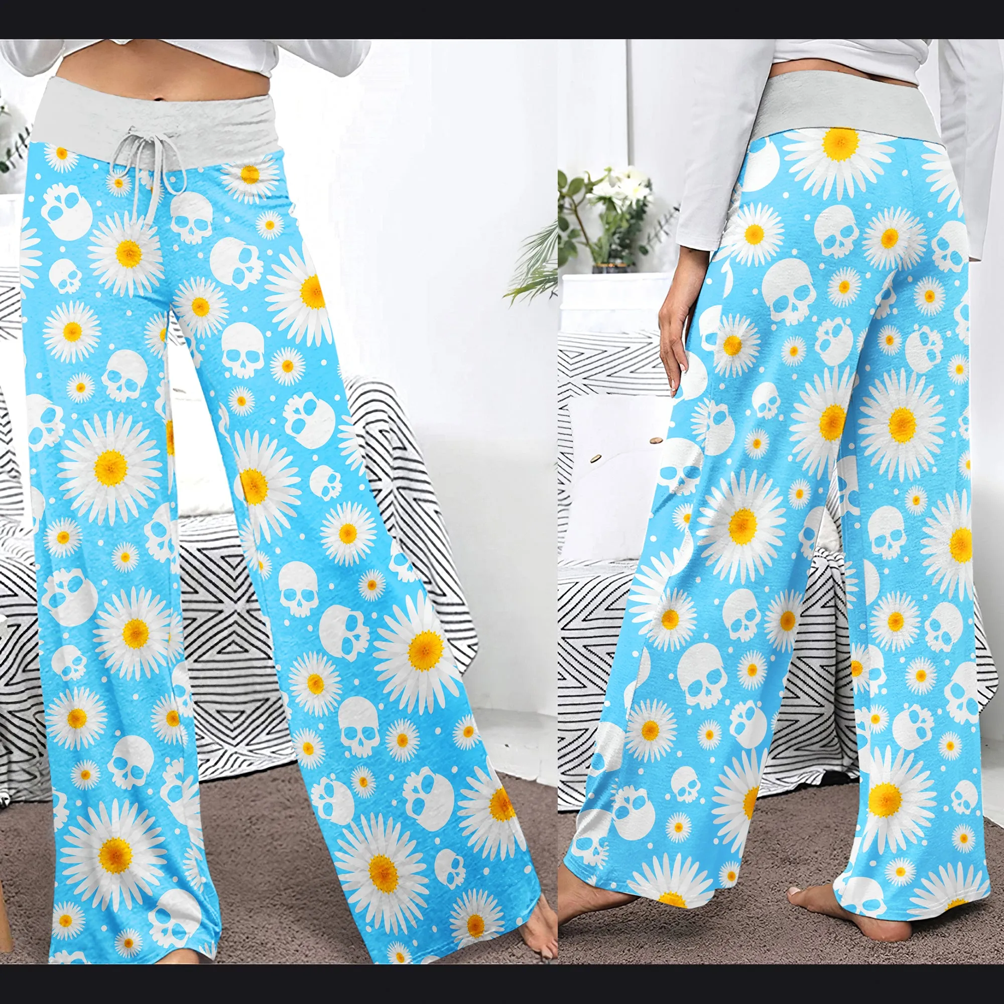 Blue Daisy Skull Women's High-waisted Wide Leg Pants
