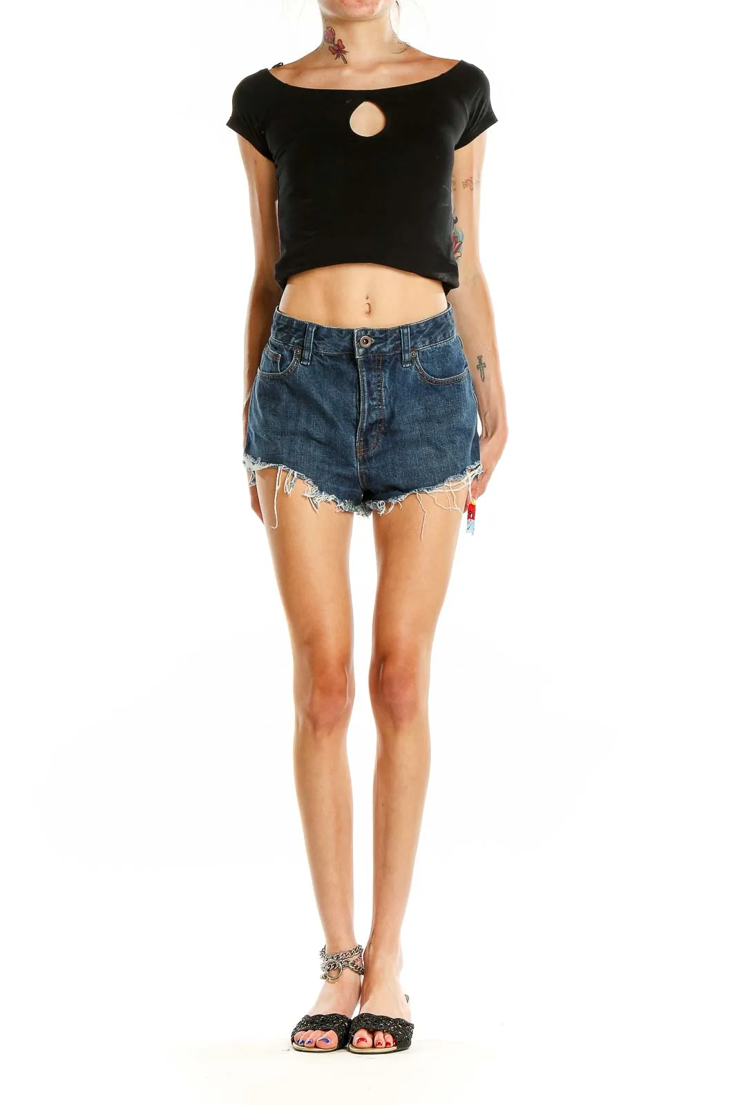 Blue Denim Distressed High-Waisted Shorts
